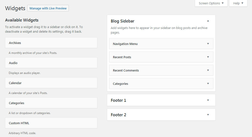 The Widgets tab in WordPress.