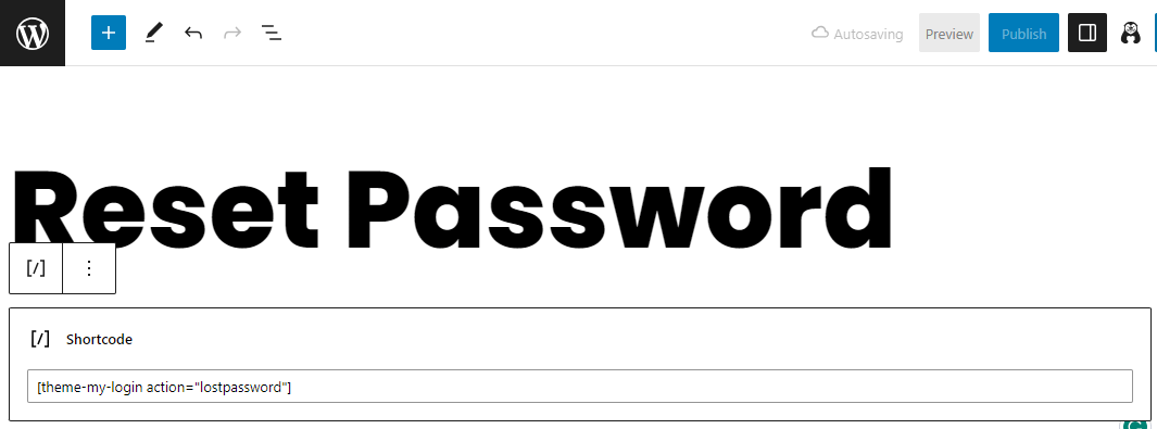 Entering the lostpassword shortcode on the WordPress custom reset password page.