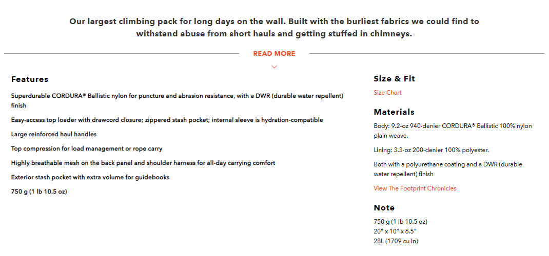 A product description for a backpack.