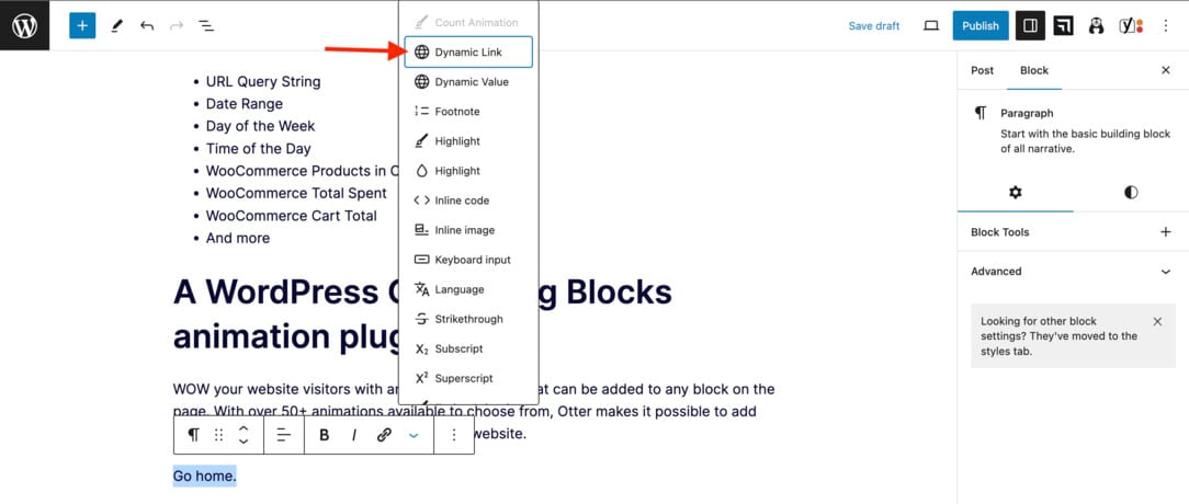 The second step when inserting dynamic links inside the Gutenberg Block Editor.