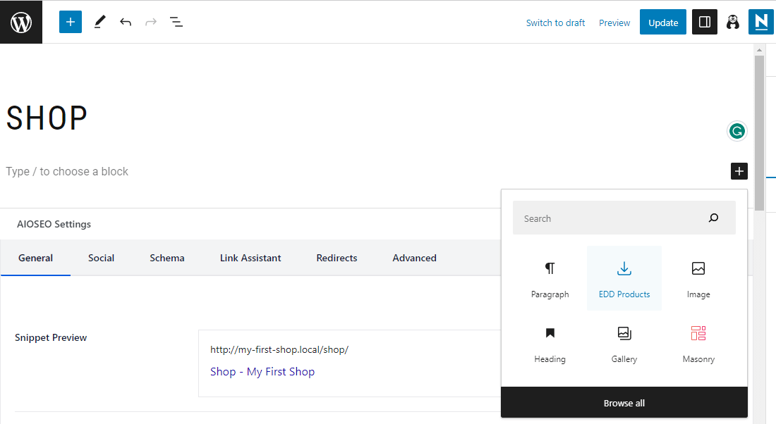 Adding EDD product block to shop page.