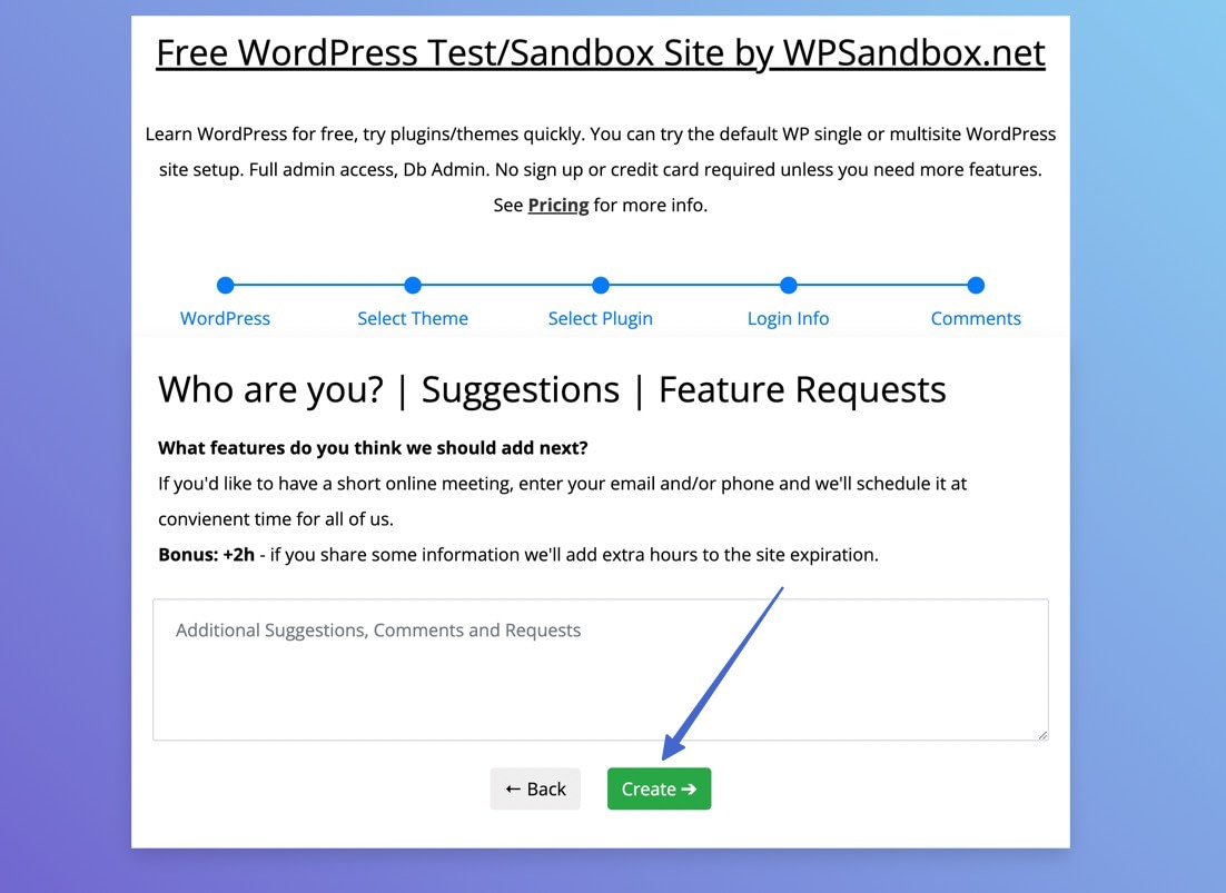click to create the WordPress test site