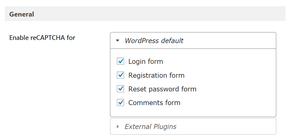 Selecting forms in the Google Captcha plugin.
