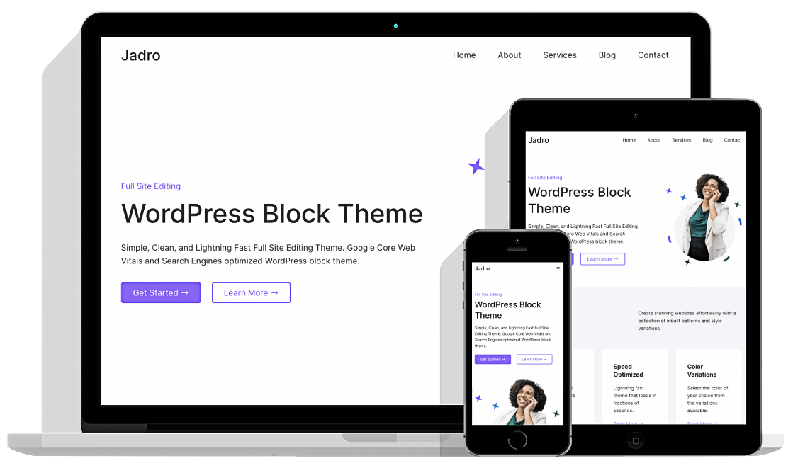Jadro block theme mockup for desktop, tablet, and mobile devices