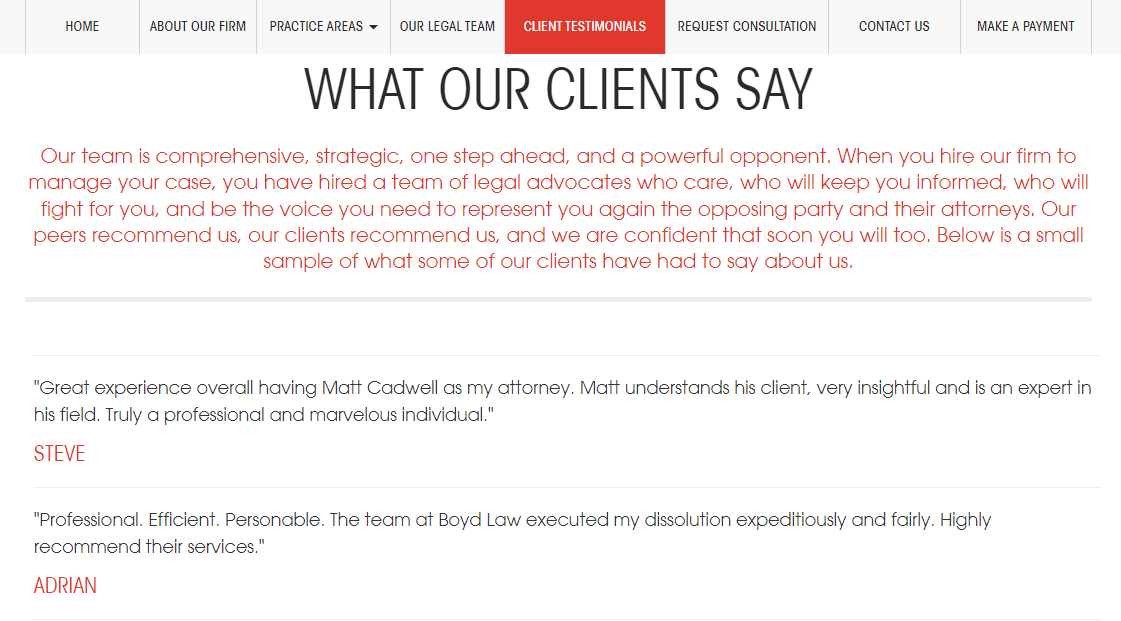 Отзывы клиентов на сайте юридической фирмы
