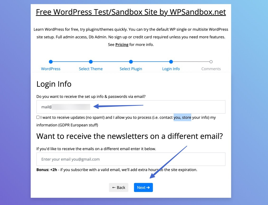 sign up for email to get WordPress test site credentials