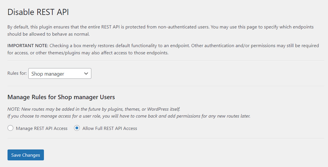 Manage REST API access rules for shop manager users.
