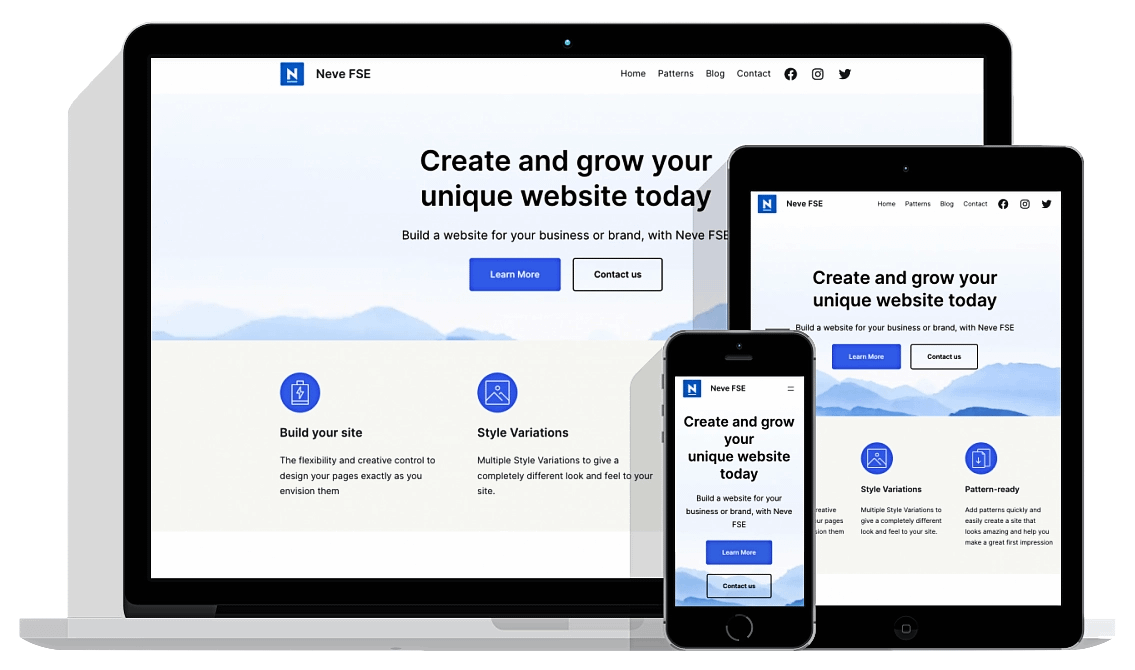 Neve FSE theme mockup for desktop, tablet, and mobile devices