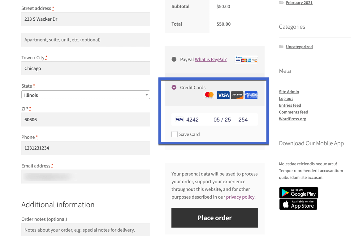 WooCommerce Stripe credit card field 