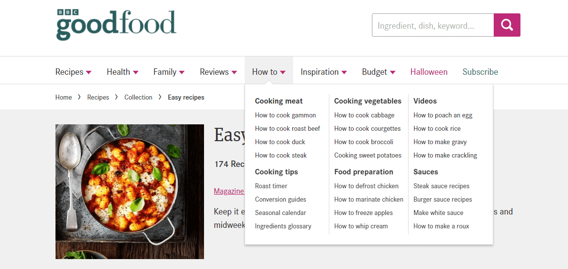 نمونه ای از ساختار سایت سلسله مراتبی در سایت Goodfood BBC.