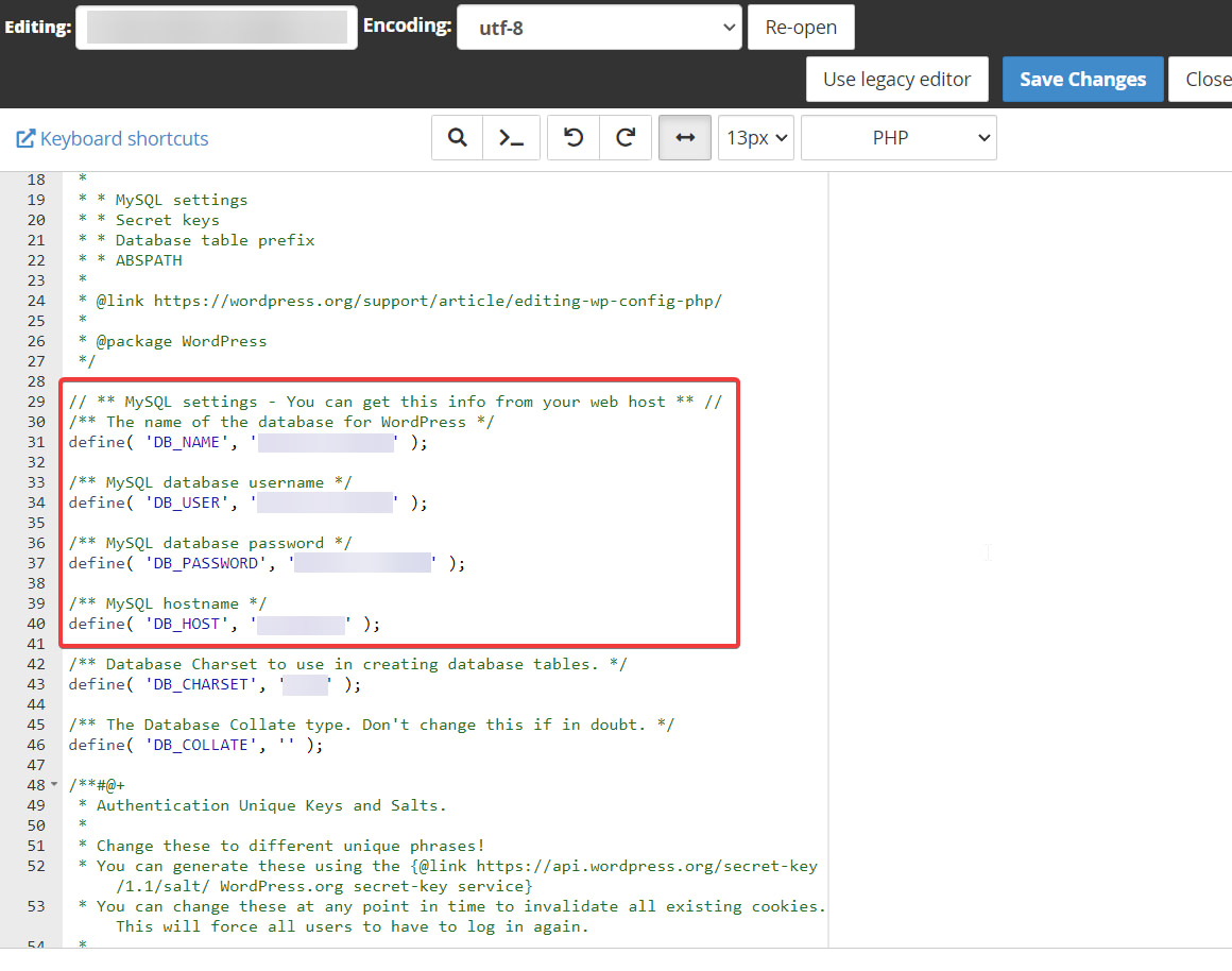 database credentials in config file