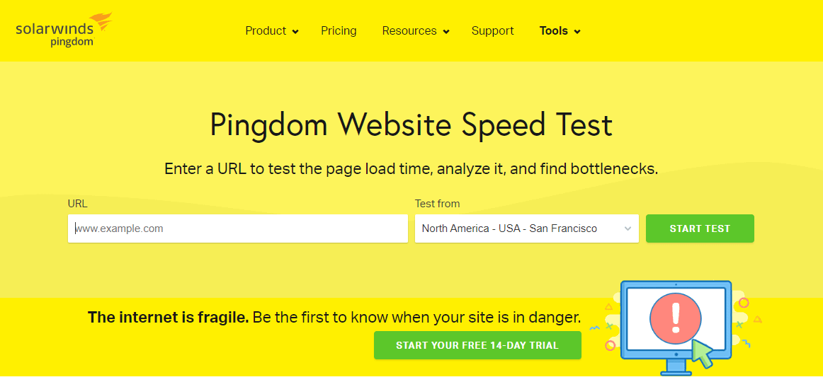 Free SEO tools - Pingdom homepage.