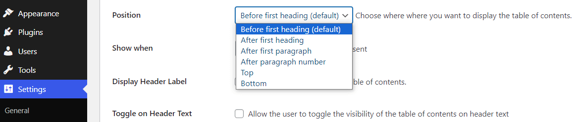 The position settings dropdown