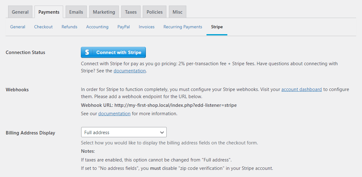 Stripe settings in Easy Digital Downloads.