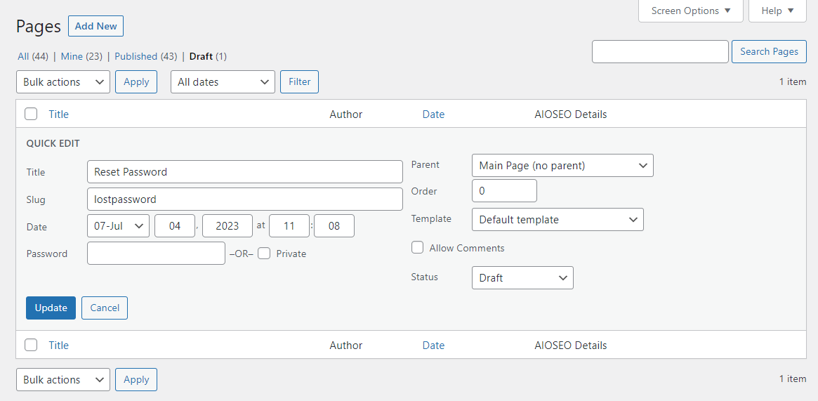 Change the slug field for the WordPress custom reset password page.