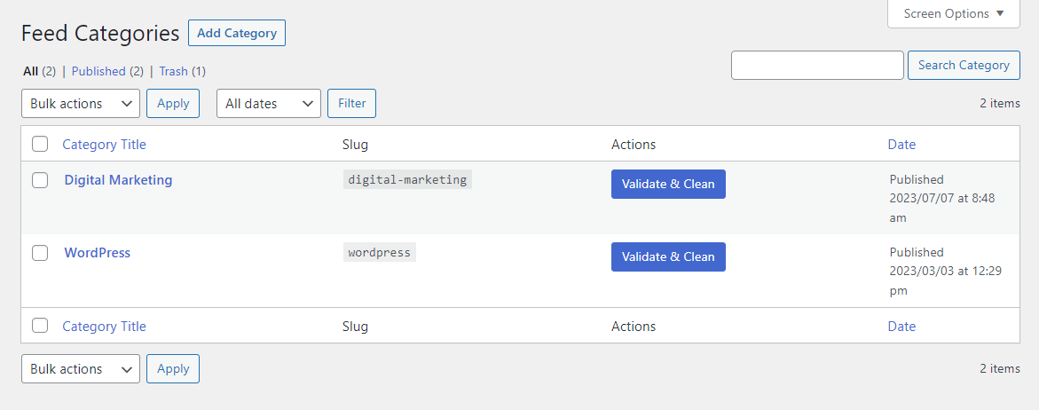 The Validate and Clean button in Feedzy.