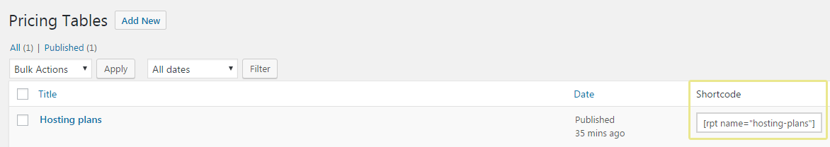 An example showing where to find your table's shortcode.