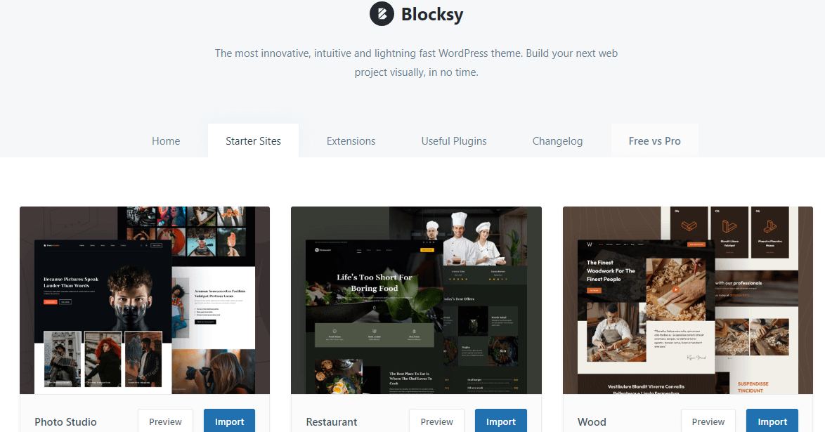 Blocksy theme review of its starter sites options.