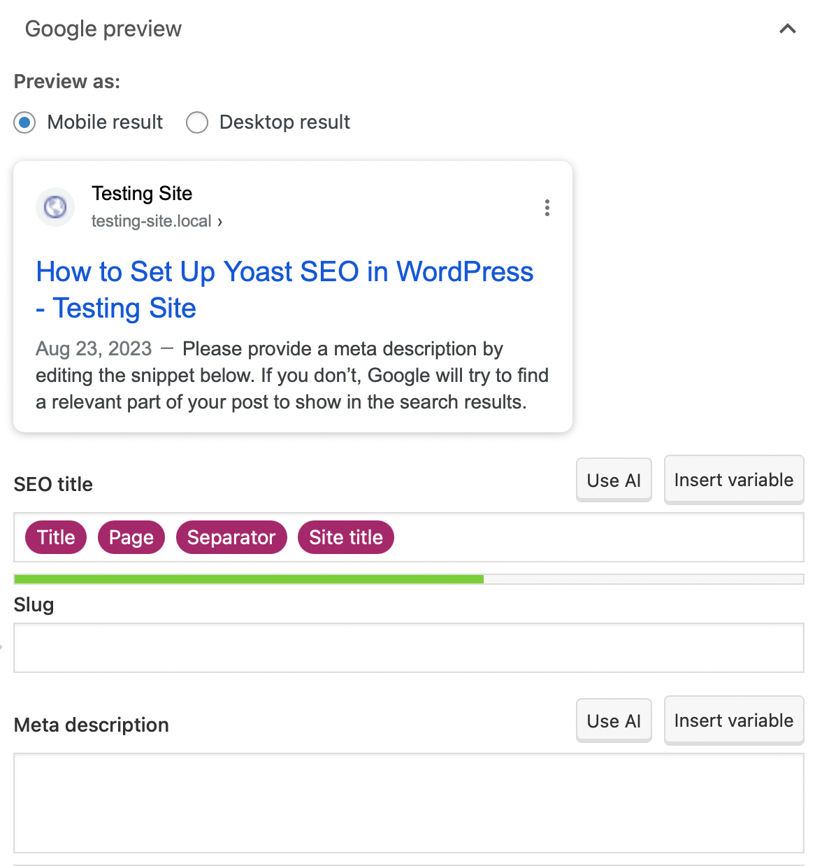 Yoast Google preview.