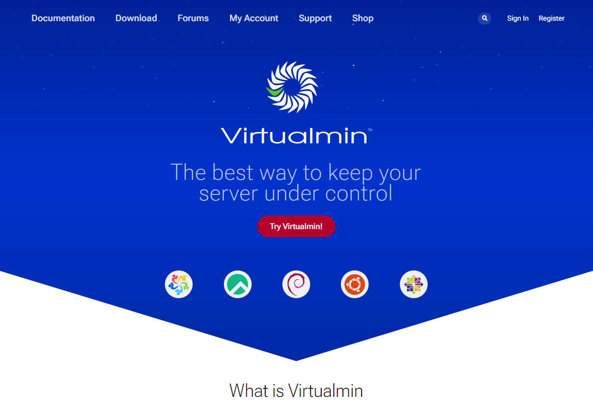 The Virtualmin homepage.