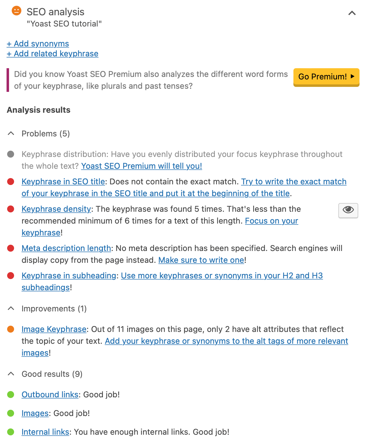 Yoast SEO analysis of an article inside the WordPress Editor.