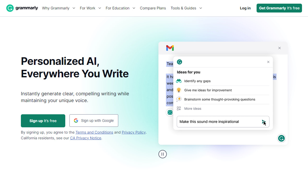 The Grammarly homepage is where you first begin deciding between Grammarly free vs Premium.