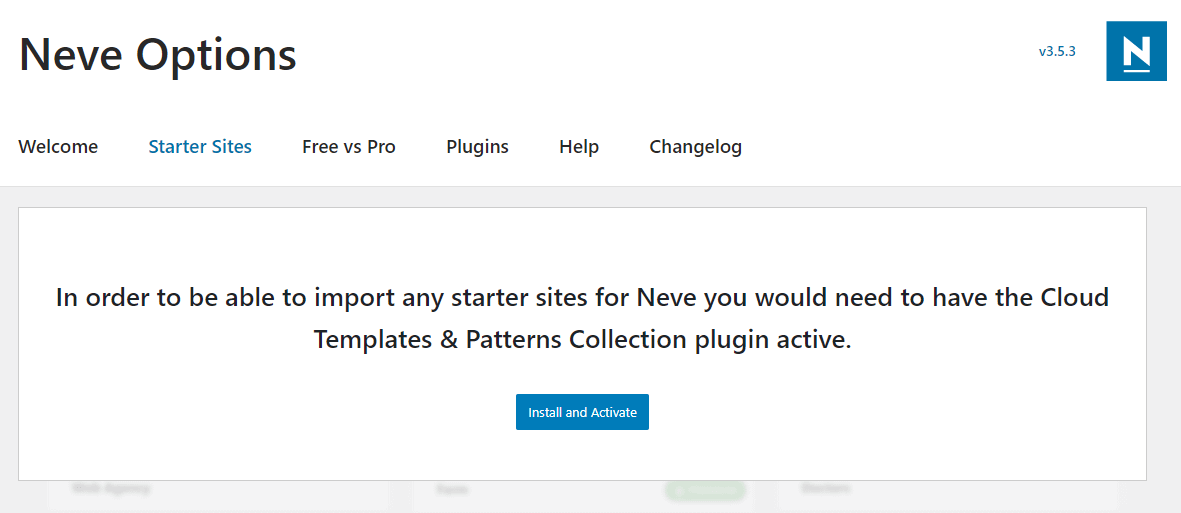 Accessing starter sites in the Neve theme.
