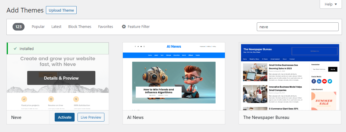 Installing Neve Theme inside WordPress.
