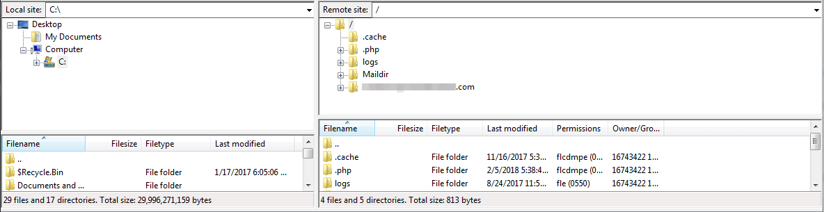 FileZilla logged into a website.