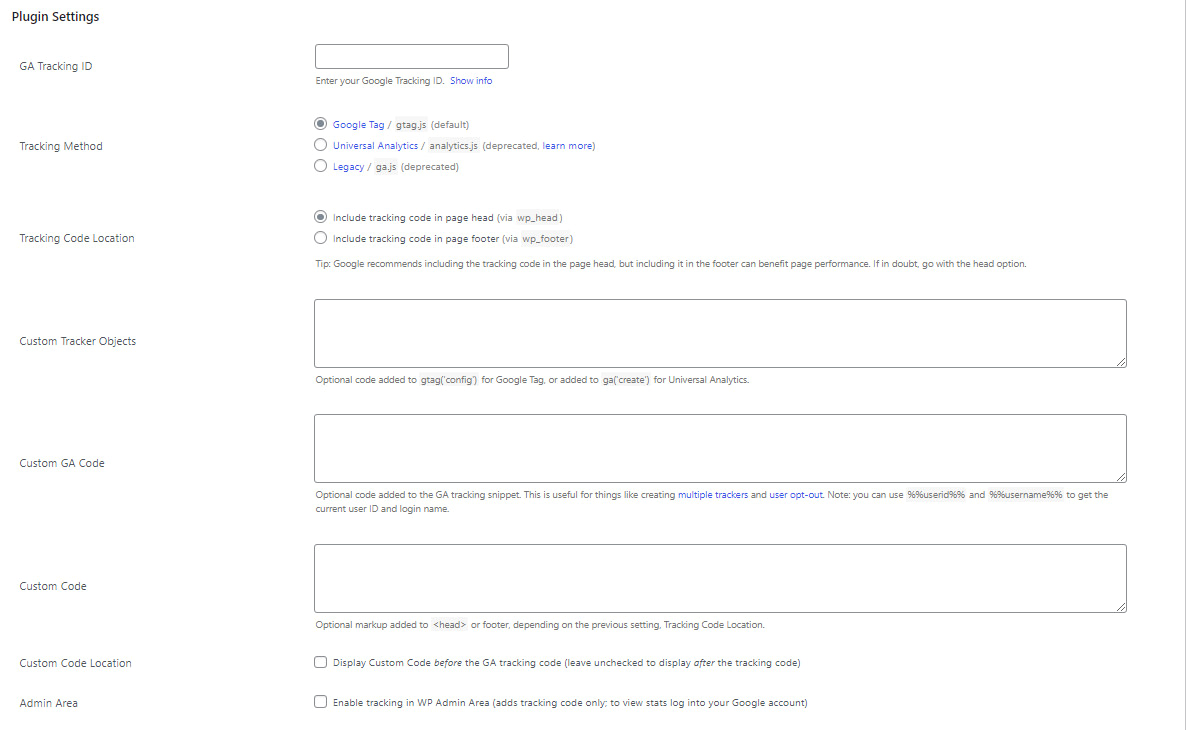 GA plugin settings - set up Google Analytics