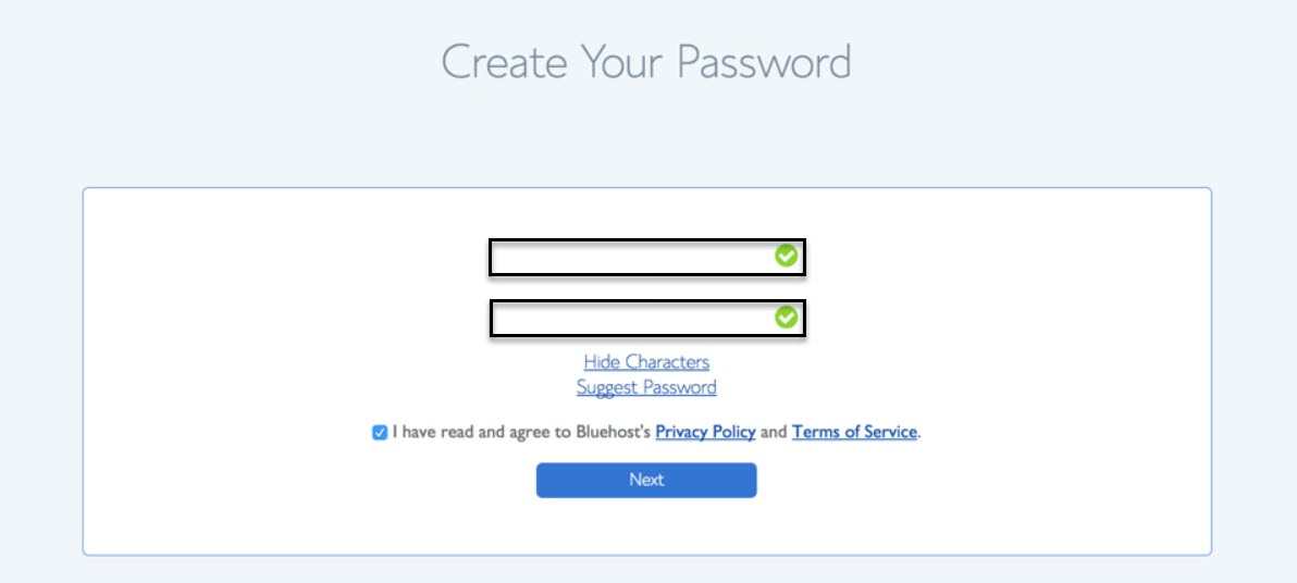 Creating a password for your new Bluehost account.