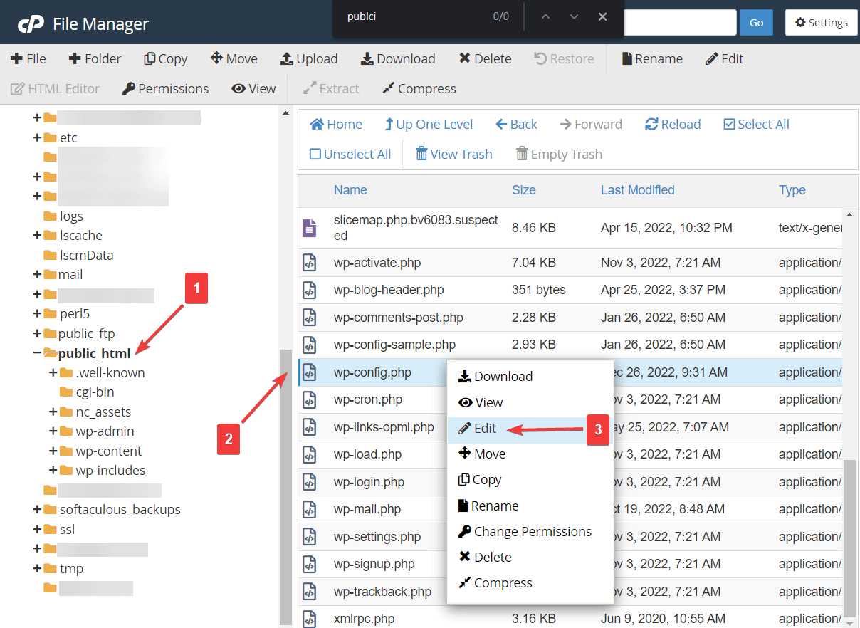 editing wpconfig file in file manager