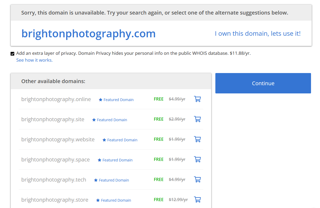 Domain suggestions from Bluehost when a domain name is already taken.