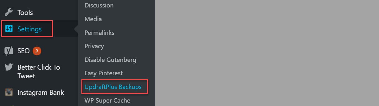 Settings UpdraftPlus Backups