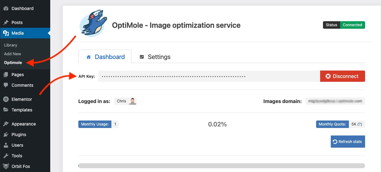 The Optimole WordPress dashboard