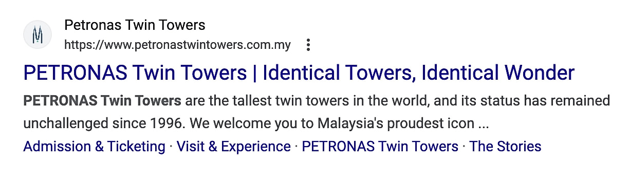 Meta description example from PETRONAS Twin Towers