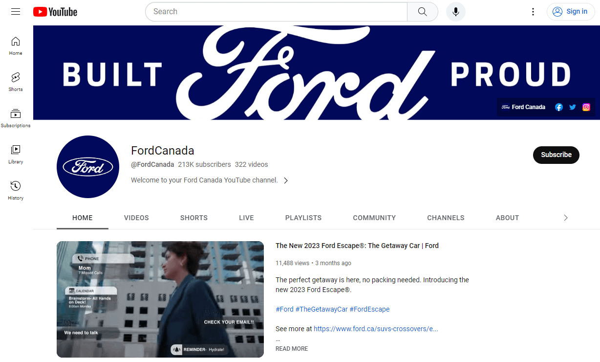 Ford's clean front page with distinctive icons.