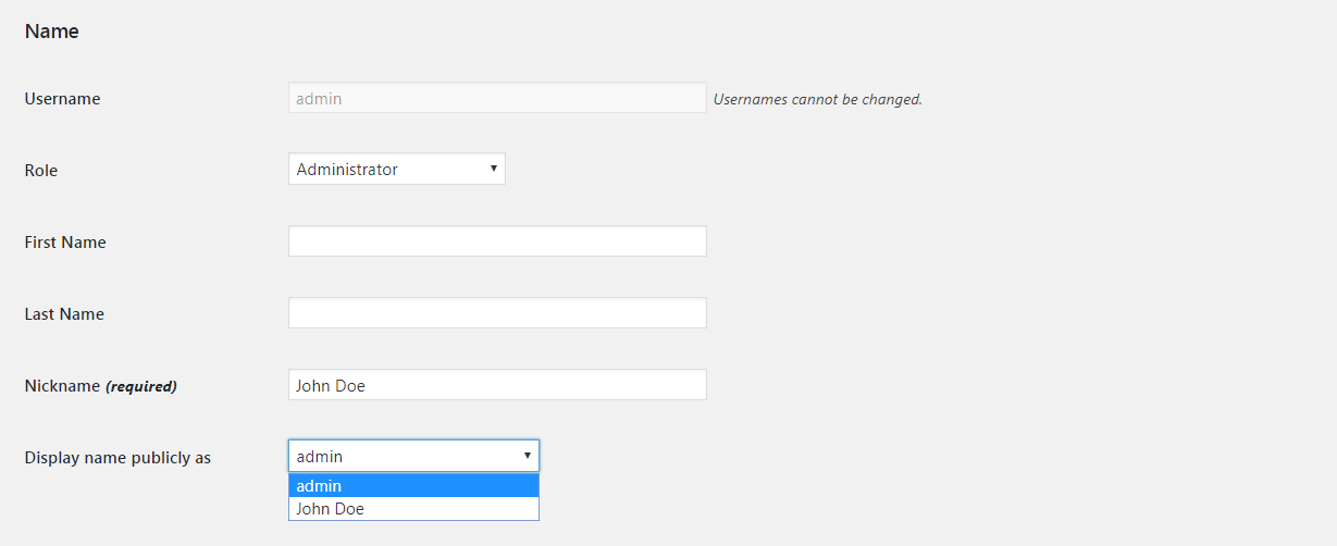 The WordPress display name settings.