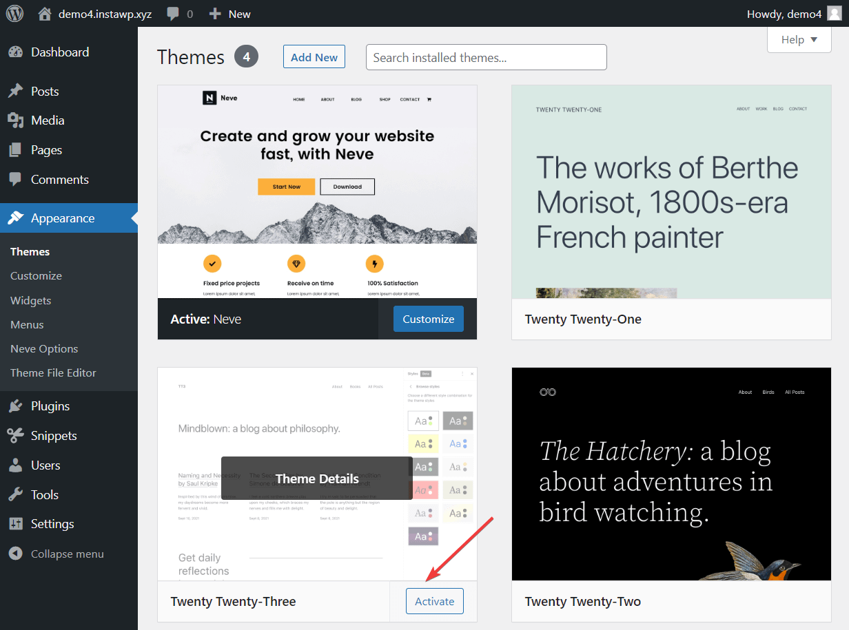 activating wordpress default theme.