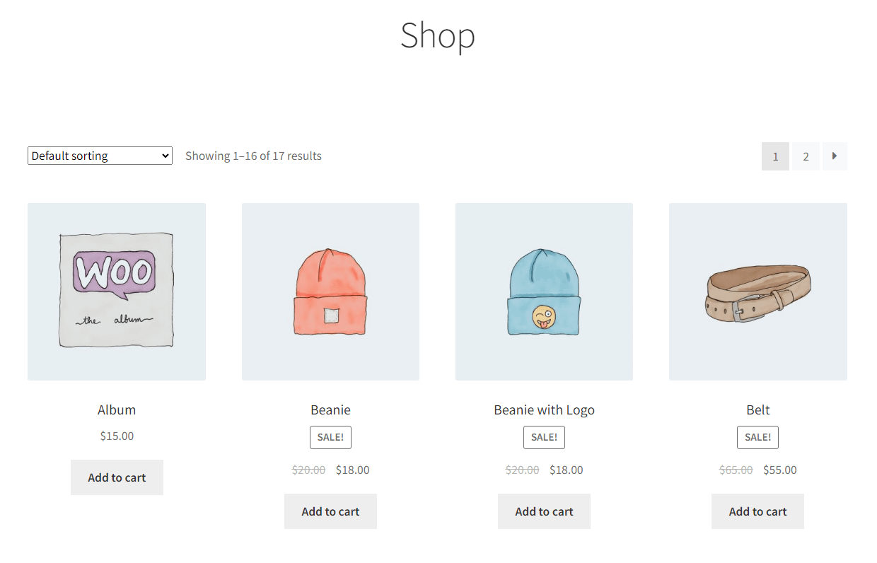 WooCommerce shop page.