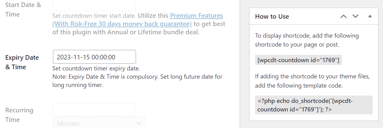 "How to use" box within the WordPress countdown timer page.