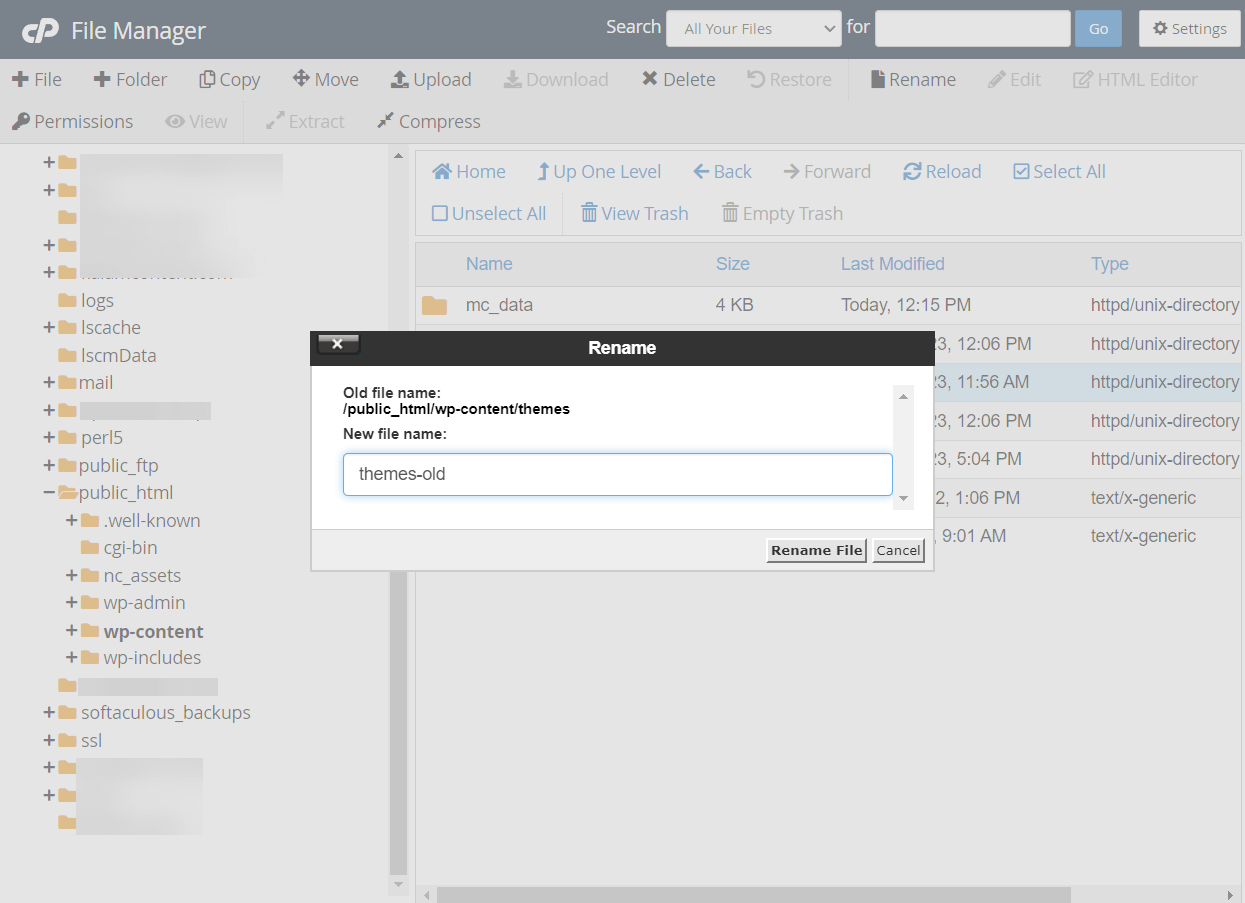rename theme folders in file manager - wordpress crashed.