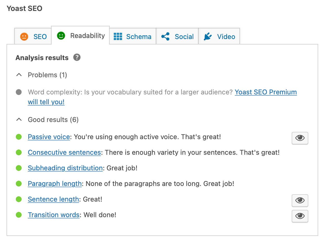 The readability tab inside Yoast SEO.