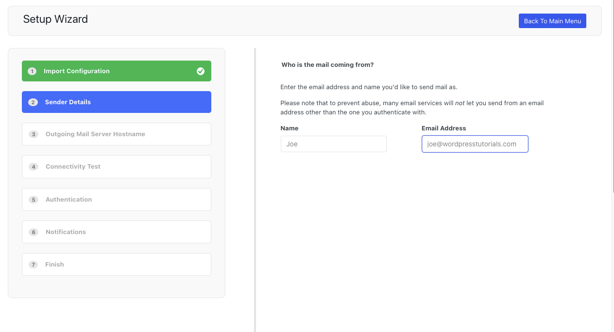 Мастер настройки Post SMTP — шаг первый.