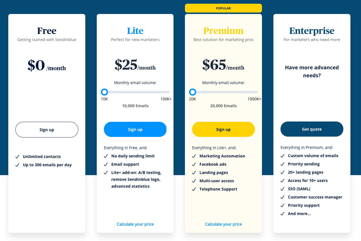 Sendinblue pricing.