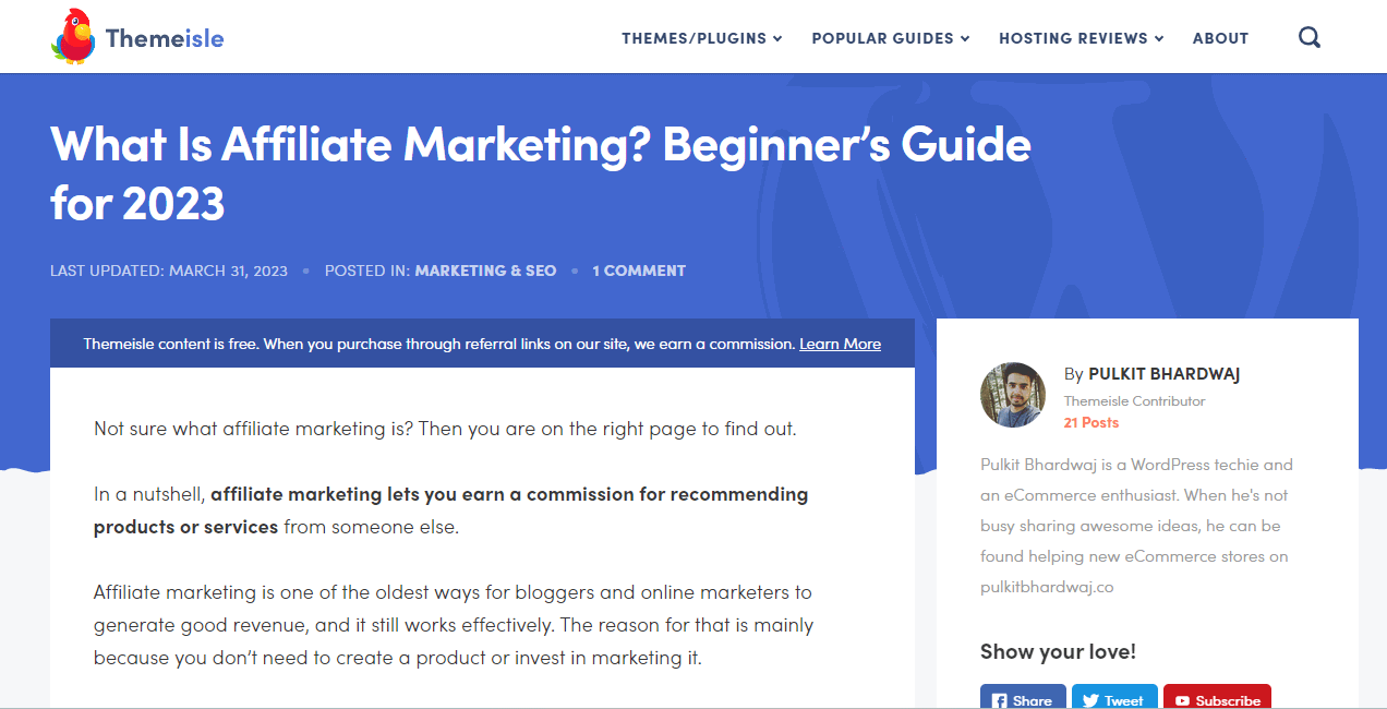 A guide to affiliate marketing, published on ThemeIsle.
