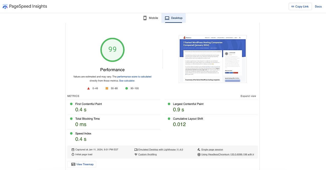Pagespeed Insights test result for performance