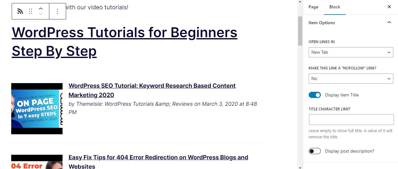 Feed settings in WordPress.