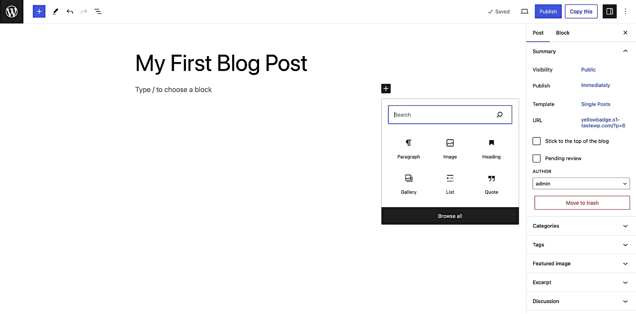 Writing your first blog post inside the WordPress Block Editor