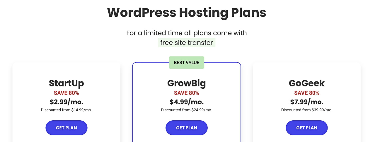 SiteGrounds WordPress hosting plans.